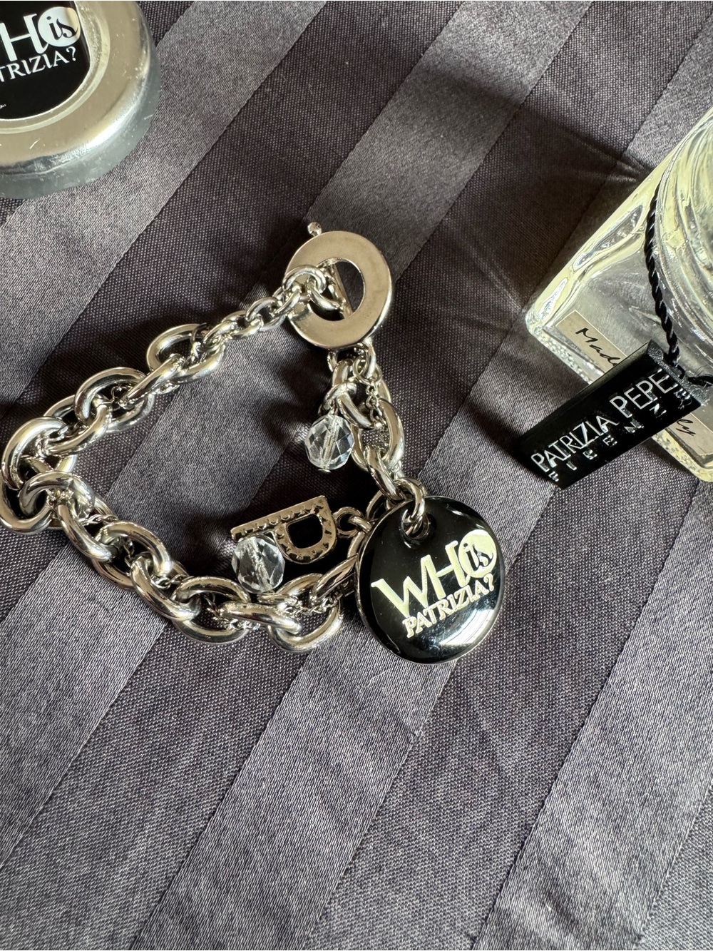 Patrizia Pepe Silver-Tone Chain Bracelet with Black Logo Charm
